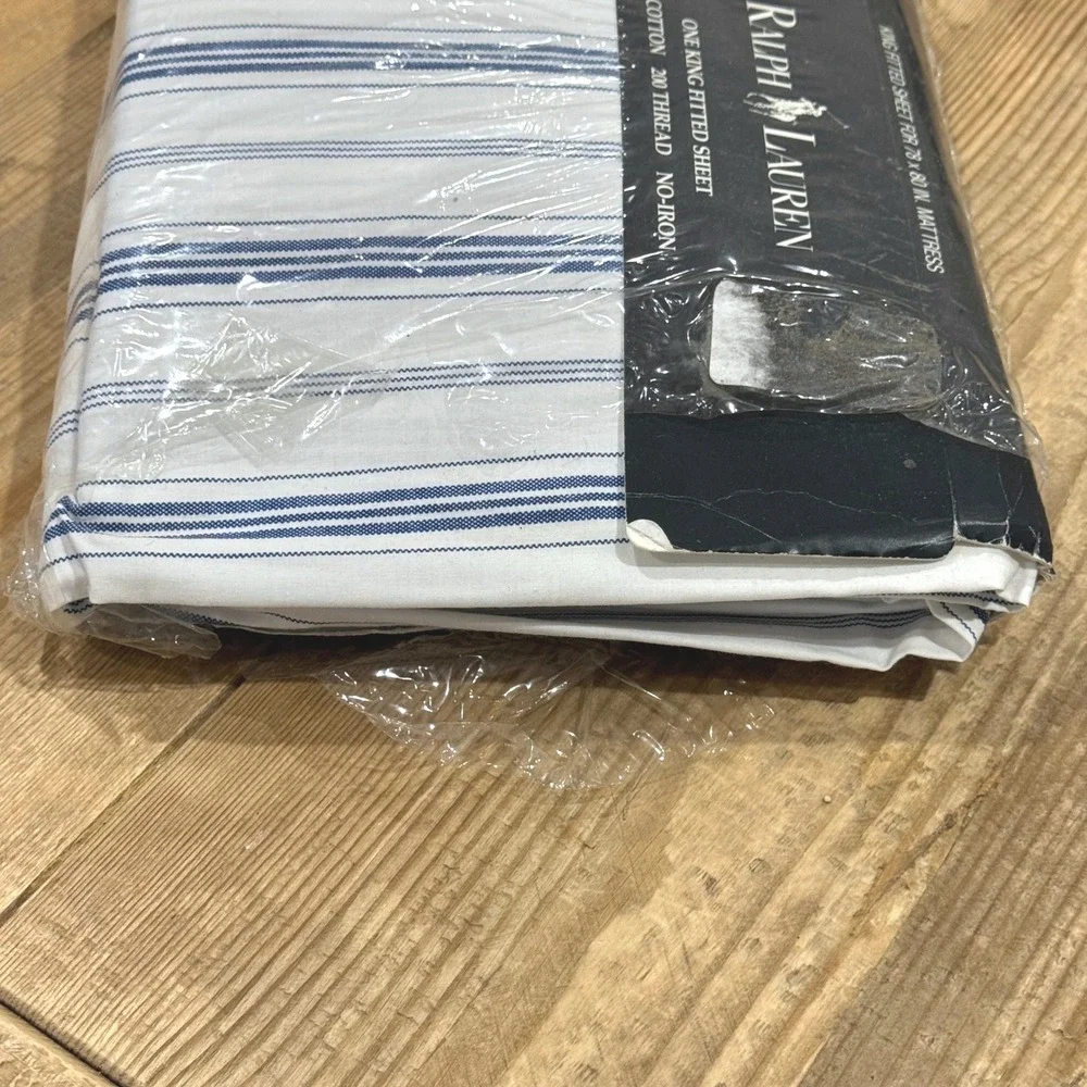 Ralph Lauren Village Stripe Fitted Sheet Blue White Vintage 1990 NEW- King